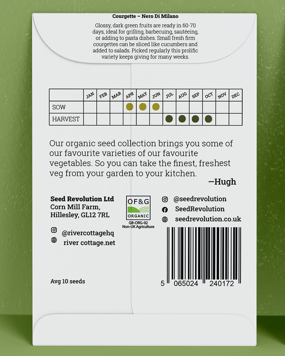 Back of River Cottage Courgette seed packet with useful information and a barcode on a green background. Showcasing Seed Revolution courgette seeds, courgette seeds, seeds courgette, courgette growing, courgettes seed, vegetable seeds, organic seeds, seed for veggies, seeds veg, veg seed uk, organic seeds, organic vegetable seeds.