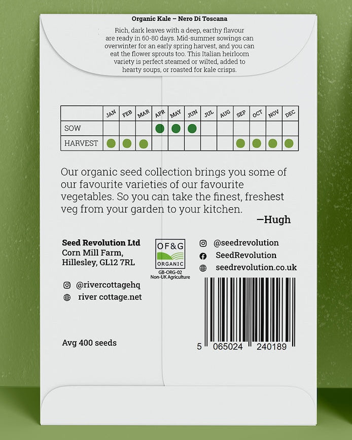 Back of River Cottage kale seed packet with useful information and a barcode on a green background. Showcasing Seed Revolution kale seeds, kales, growing kale, vegetable seeds, organic seeds, seed for veggies, seeds veg, veg seed uk, organic seeds, organic vegetable seeds