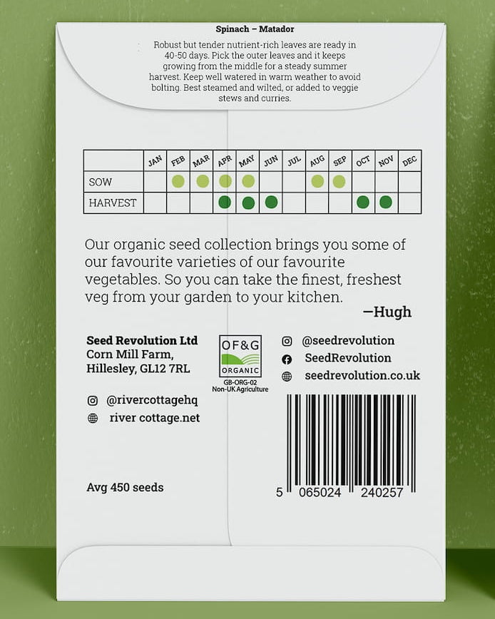 Back of River Cottage spinach seed packet with useful information and a barcode on a green background. Showcasing Seed Revolution spinach seed, spinach seeds, grow spinach, vegetable seeds, organic seeds, seed for veggies, seeds veg, veg seed uk, organic seeds, organic vegetable seeds.