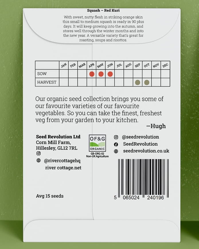 Back of River Cottage squash seed packet with useful information and a barcode on a green background. Showcasing Seed Revolution squash seed, red kuri, red kuri squash, kuri squash, vegetable seeds, organic seeds, seed for veggies, seeds veg, veg seed uk, organic seeds, organic vegetable seeds.
