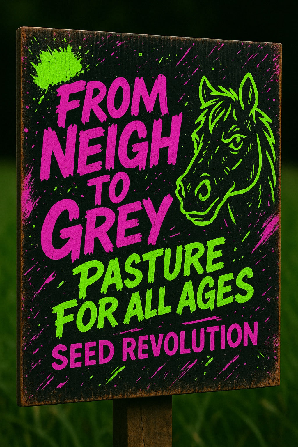 Neon sign with horse illustration and text on a dark background for From Neigh to Grey grass paddock mix. Showcasing Seed Revolution's paddock grass seed, grass seed for horses, grass seed for paddock, horse grass seed, equine grass seed, grass seed, seeds for grass, grass seed horse, grass seed for paddocks horses.