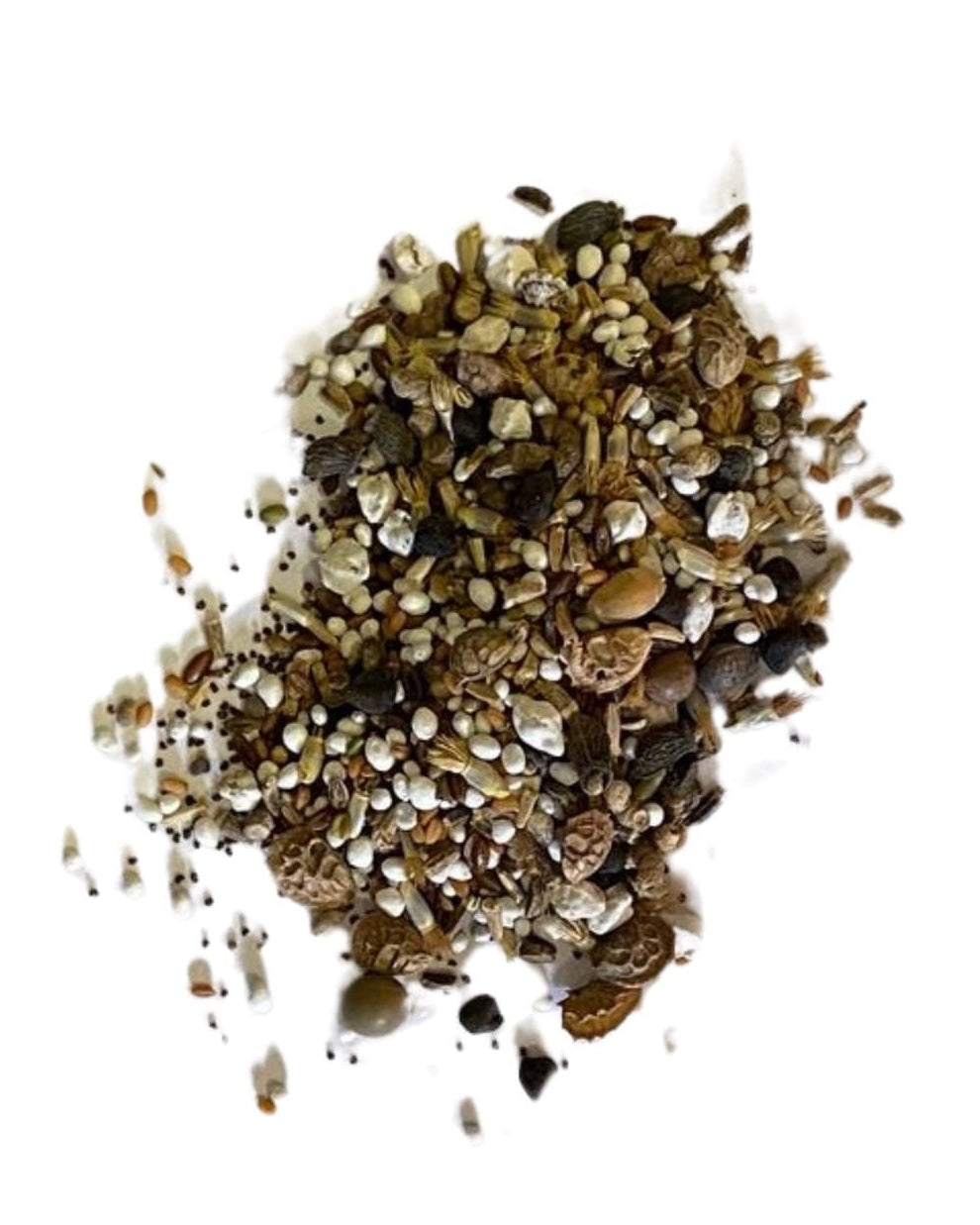 Seeds on white background with text indicating no added soil filler or grass seed, just seed. Showcasing Native Plant Pot Wildflower Seed Mix, which is british wild flower seeds, british wildflower seeds, wildflower mixes, mixed wildflower seeds, uk wildflower seeds, wildflower meadows, wildflower meadow, universal wildflowers, wildflowers for pots, cost-effective wildflower meadow.