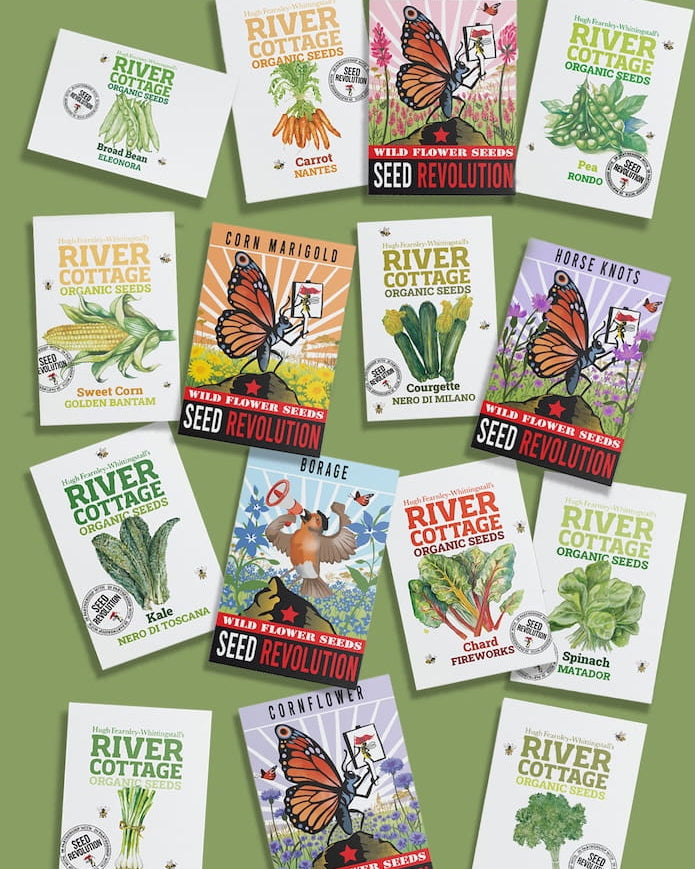 Collection of River Cottage Organic Veg Seeds packets for the Natural Grower’s Garden Bundle on a green background. Showcasing Seed Revolution's Veg Seeds, carrot seeds, broad bean seeds, radish seeds, beetroot seeds, spring onion seeds, kales seeds, chard seeds, pea seeds, parsley seeds, Sweet Corn seeds, wildflower seeds, vegetable seeds, organic seeds, seed for veggies, seeds veg, veg seed uk, organic seeds, organic vegetable seeds.