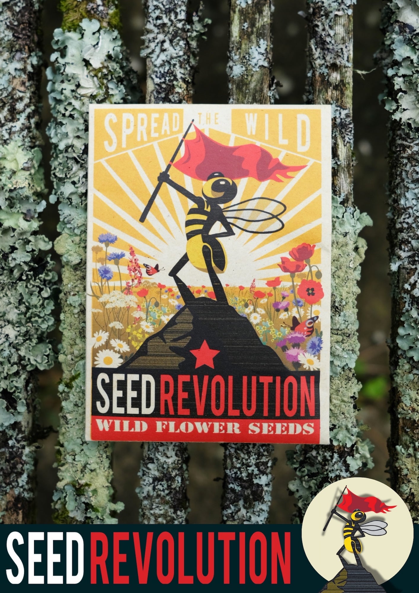 Seed Revolution wild flower seeds packaging with a bee design on a textured background. Showcasing their Universal Meadow 100% Wildflower Seed Mix, which are british wild flower seeds, british wildflower seeds, wildflower mixes, mixed wildflower seeds, uk wildflower seeds, wildflower meadows, wildflower meadow, universal wildflowers, universal meadow, cost-effective wildflower meadow.