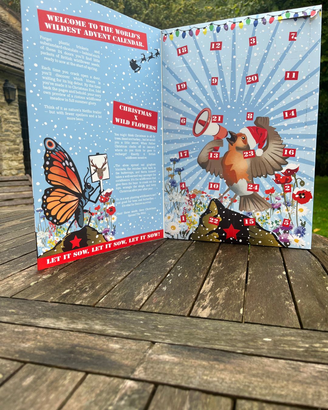 An open illustrated advent calendar spread on a weathered wooden deck outdoors. Showcasing Seed Revolution's british wild flower seeds, british wildflower seeds, uk wildflower seeds, advent calendar, christmas calendar, seed advent calendar.