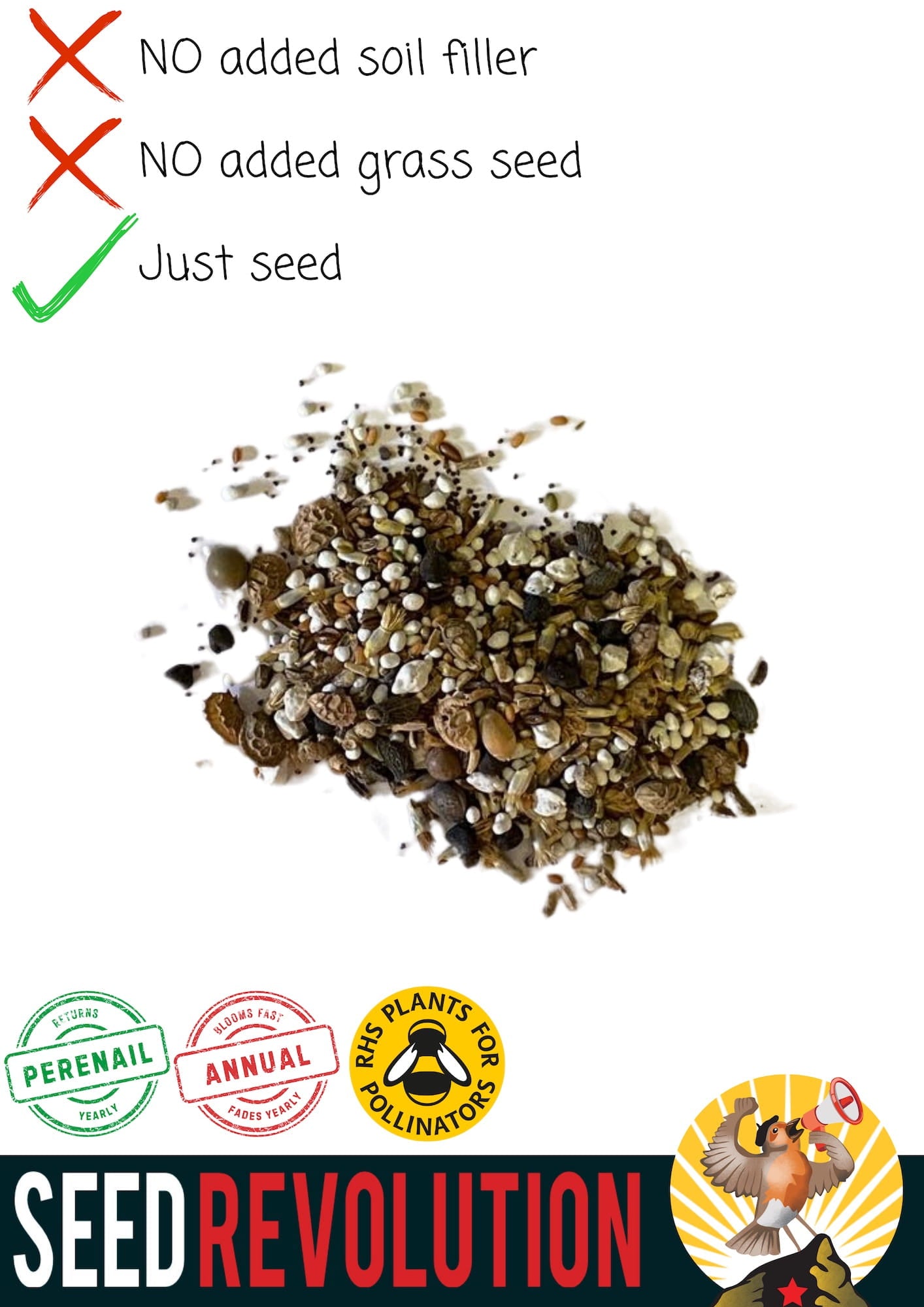 Seeds on white background with text indicating no added soil filler or grass seed, just seed. Showcasing Native Shady Meadow 100% Wildflower Seed Mix, which is british wild flower seeds, british wildflower seeds, wildflower mixes, mixed wildflower seeds, uk wildflower seeds, wildflower meadows, wildflower meadow, shade wildflowers, shady wildflower mix, cost-effective wildflower meadow.