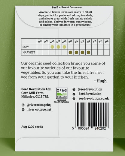 Back of River Cottage Basil seed packet with useful information and a barcode on a green background. Showcasing Seed Revolution basil seed, basil seeds, growing basil, vegetable seeds, organic seeds, seed for veggies, seeds veg, veg seed uk, organic seeds, organic vegetable seeds
