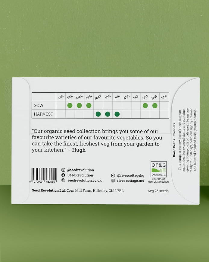 Back of River Cottage Broad Bean seed packet with useful information and a barcode on a green background. Showcasing Seed Revolution Broad Bean seeds, Broad Bean seed, Broad Beans seeds, vegetable seeds, organic seeds, seed for veggies, seeds veg, veg seed uk, organic seeds, organic vegetable seeds.