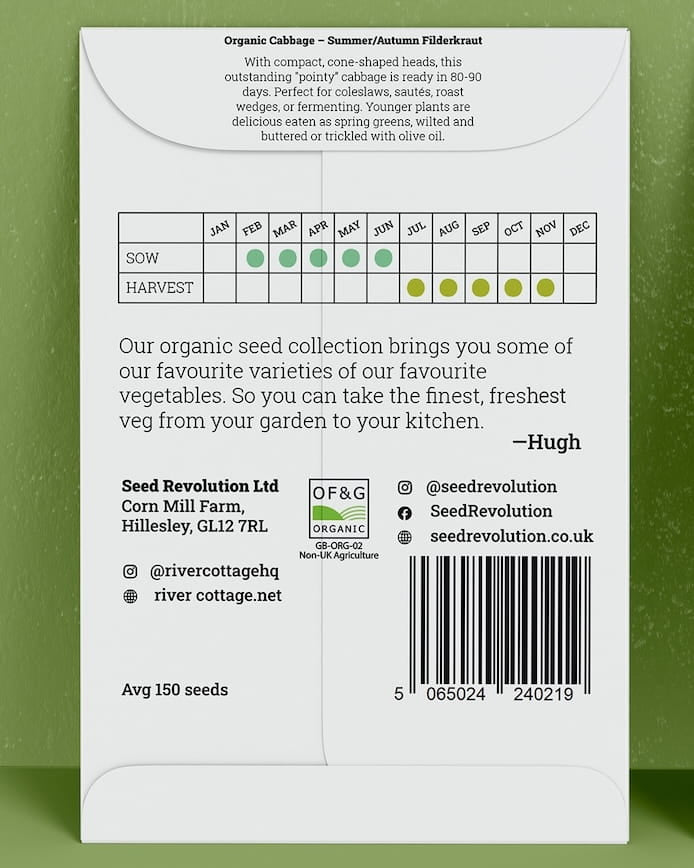 Back of River Cottage Cabbage seed packet with useful information and a barcode on a green background. Showcasing Seed Revolution cabbage seeds, cabbages, cabbage growing, vegetable seeds, organic seeds, seed for veggies, seeds veg, veg seed uk, organic seeds, organic vegetable seeds.