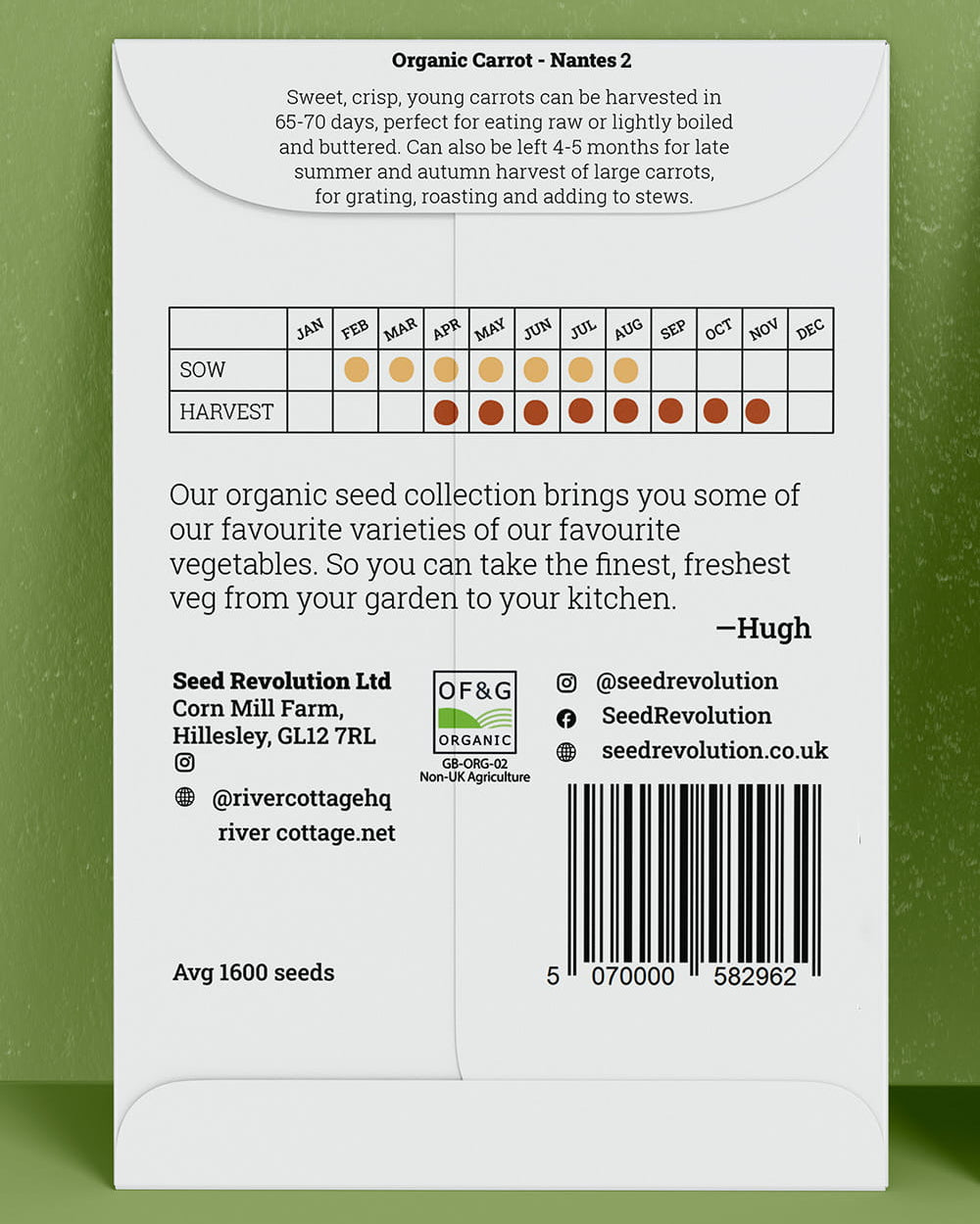 Back of River Cottage Carrot seed packet with useful information and a barcode on a green background. Showcasing Seed Revolution carrot seeds, seed carrots, carrots growing, vegetable seeds, organic seeds, seed for veggies, seeds veg, veg seed uk, organic seeds, organic vegetable seeds.