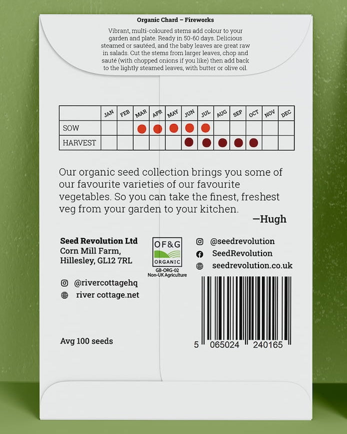 Back of River Cottage chard seed packet with useful information and a barcode on a green background. Showcasing Seed Revolution chard seed, chard seeds, chard vegetable, vegetable seeds, organic seeds, seed for veggies, seeds veg, veg seed uk, organic seeds, organic vegetable seeds.