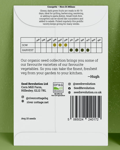 Back of River Cottage Courgette seed packet with useful information and a barcode on a green background. Showcasing Seed Revolution courgette seeds, courgette seeds, seeds courgette, courgette growing, courgettes seed, vegetable seeds, organic seeds, seed for veggies, seeds veg, veg seed uk, organic seeds, organic vegetable seeds.
