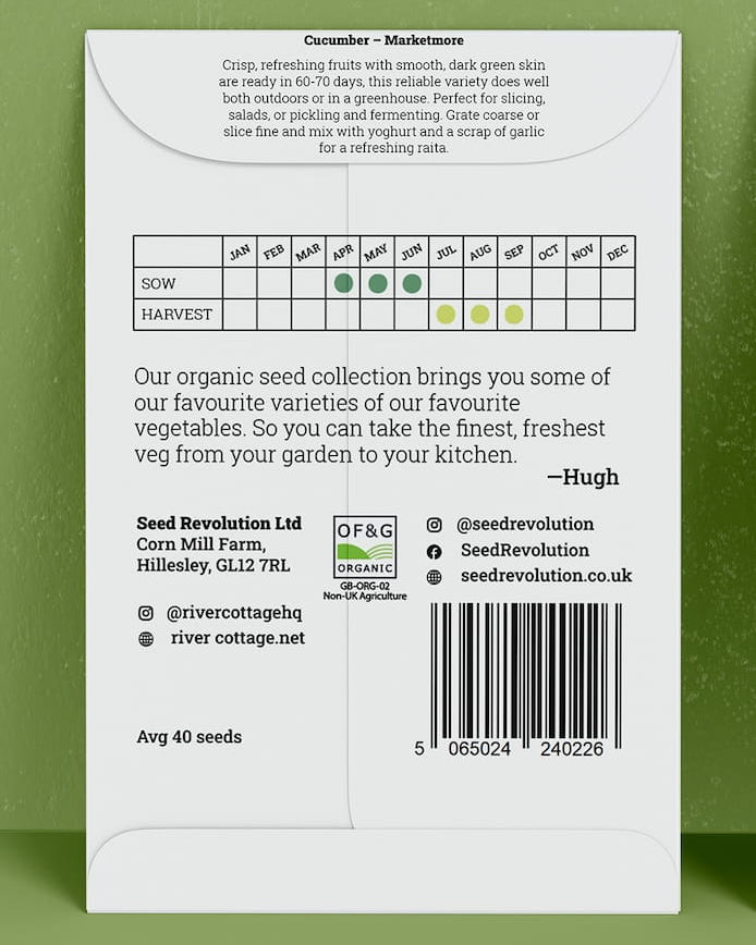 Back of River Cottage Cucumber seed packet with useful information and a barcode on a green background. Showcasing Seed Revolution Cucumber seed, cucumber seeds, cucumber growing, growing cucumber, cucumber marketmore, marketmore cucumber, vegetable seeds, organic seeds, seed for veggies, seeds veg, veg seed uk, organic seeds, organic vegetable seeds.