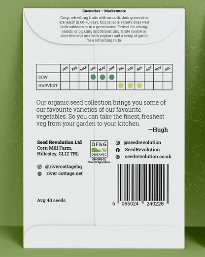 Back of River Cottage Cucumber seed packet with useful information and a barcode on a green background. Showcasing Seed Revolution Cucumber seed, cucumber seeds, cucumber growing, growing cucumber, cucumber marketmore, marketmore cucumber, vegetable seeds, organic seeds, seed for veggies, seeds veg, veg seed uk, organic seeds, organic vegetable seeds.