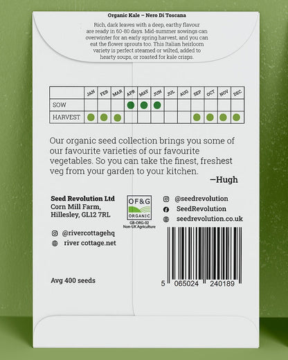 Back of River Cottage kale seed packet with useful information and a barcode on a green background. Showcasing Seed Revolution kale seeds, kales, growing kale, vegetable seeds, organic seeds, seed for veggies, seeds veg, veg seed uk, organic seeds, organic vegetable seeds
