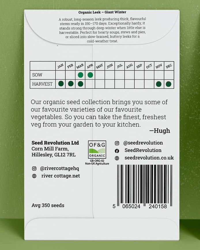 Back of River Cottage Leek seed packet with useful information and a barcode on a green background. Showcasing Seed Revolution leek seed, leek seeds, leek vegetable, vegetable seeds, organic seeds, seed for veggies, seeds veg, veg seed uk, organic seeds, organic vegetable seeds.