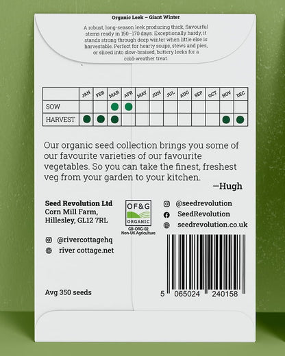 Back of River Cottage Leek seed packet with useful information and a barcode on a green background. Showcasing Seed Revolution leek seed, leek seeds, leek vegetable, vegetable seeds, organic seeds, seed for veggies, seeds veg, veg seed uk, organic seeds, organic vegetable seeds.