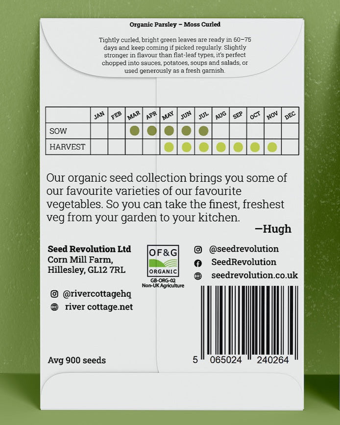 Back of River Cottage Parsley seed packet with useful information and a barcode on a green background. Showcasing Seed Revolution Parsley seed, Parsley seeds, Parsley herb, vegetable seeds, organic seeds, seed for veggies, seeds veg, veg seed uk, organic seeds, organic vegetable seeds.