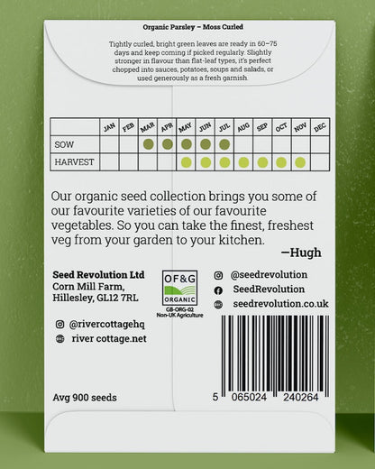 Back of River Cottage Parsley seed packet with useful information and a barcode on a green background. Showcasing Seed Revolution Parsley seed, Parsley seeds, Parsley herb, vegetable seeds, organic seeds, seed for veggies, seeds veg, veg seed uk, organic seeds, organic vegetable seeds.