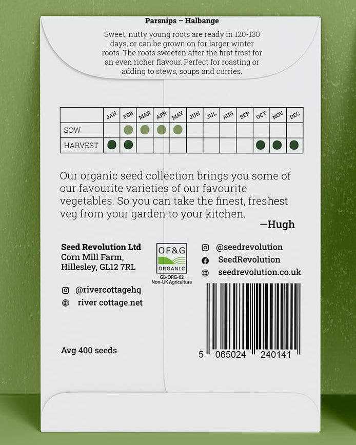Back of River Cottage parsnip seed packet with useful information and a barcode on a green background. Showcasing Seed Revolution parsnip seeds, growing parsnips, parsnip vegetable, vegetable seeds, organic seeds, seed for veggies, seeds veg, veg seed uk, organic seeds, organic vegetable seeds.