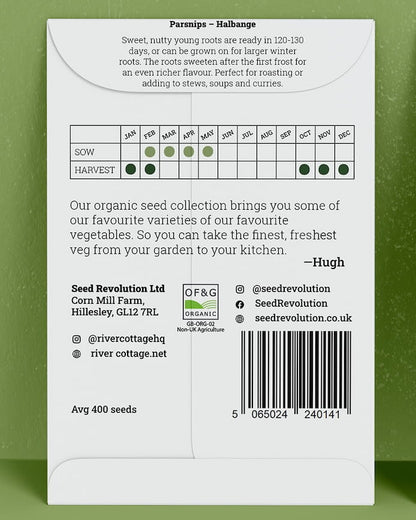 Back of River Cottage parsnip seed packet with useful information and a barcode on a green background. Showcasing Seed Revolution parsnip seeds, growing parsnips, parsnip vegetable, vegetable seeds, organic seeds, seed for veggies, seeds veg, veg seed uk, organic seeds, organic vegetable seeds.