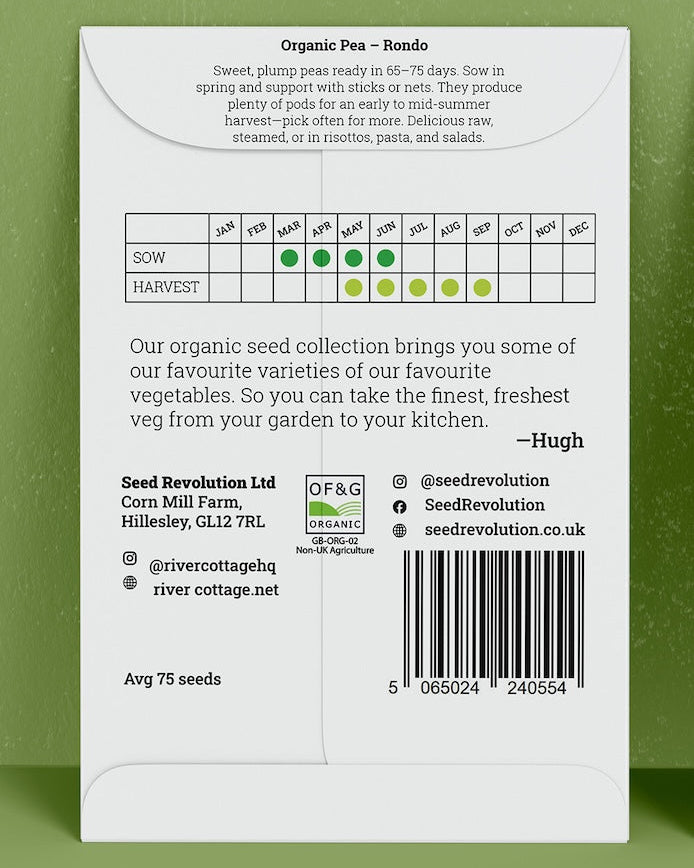 Back of River Cottage Pea seed packet with useful information and a barcode on a green background. Showcasing Seed Revolution pea seed, pea seeds, growing peas, vegetable seeds, organic seeds, seed for veggies, seeds veg, veg seed uk, organic seeds, organic vegetable seeds.