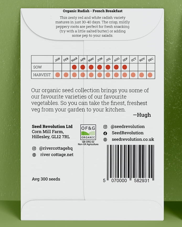 Back of River Cottage radish seed packet with useful information and a barcode on a green background. Showcasing Seed Revolution radish seed, radish seeds, grow radishes, radish french breakfast, vegetable seeds, organic seeds, seed for veggies, seeds veg, veg seed uk, organic seeds, organic vegetable seeds.