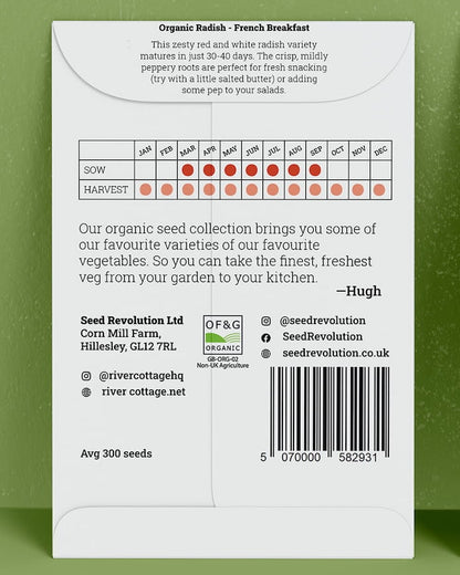 Back of River Cottage radish seed packet with useful information and a barcode on a green background. Showcasing Seed Revolution radish seed, radish seeds, grow radishes, radish french breakfast, vegetable seeds, organic seeds, seed for veggies, seeds veg, veg seed uk, organic seeds, organic vegetable seeds.
