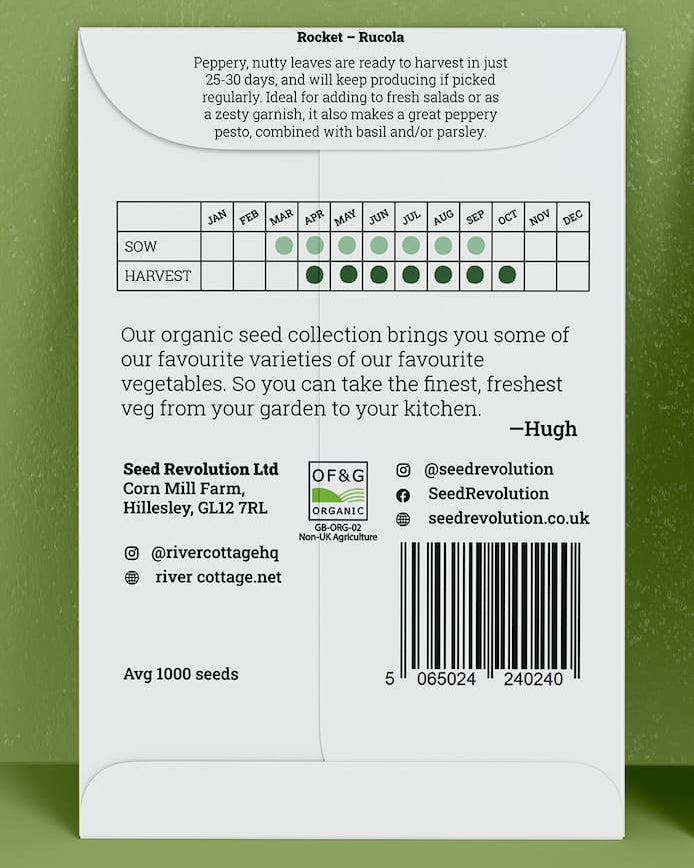 Back of River Cottage Rocket seed packet with useful information and a barcode on a green background. Showcasing Seed Revolution rocket seeds, rocket gardening, rocket vegetable, vegetable seeds, organic seeds, seed for veggies, seeds veg, veg seed uk, organic seeds, organic vegetable seeds.