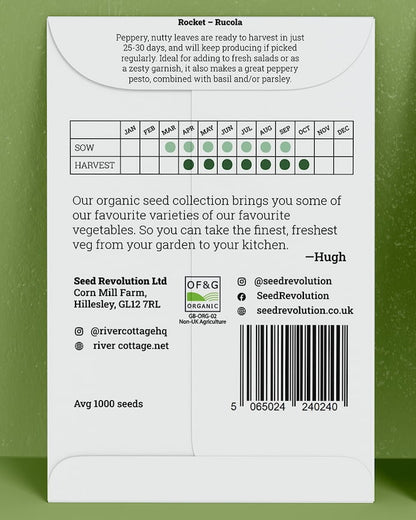 Back of River Cottage Rocket seed packet with useful information and a barcode on a green background. Showcasing Seed Revolution rocket seeds, rocket gardening, rocket vegetable, vegetable seeds, organic seeds, seed for veggies, seeds veg, veg seed uk, organic seeds, organic vegetable seeds.
