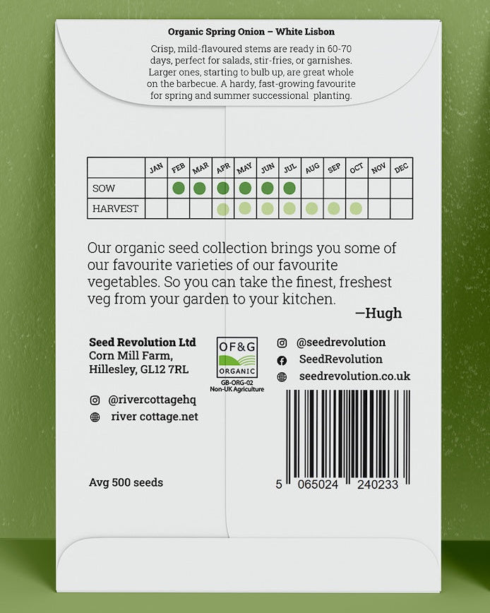 Back of River Cottage spring onion seed packet with useful information and a barcode on a green background. Showcasing Seed Revolution Spring Onion seeds, grow Spring Onion, Spring Onions, vegetable seeds, organic seeds, seed for veggies, seeds veg, veg seed uk, organic seeds, organic vegetable seeds.
