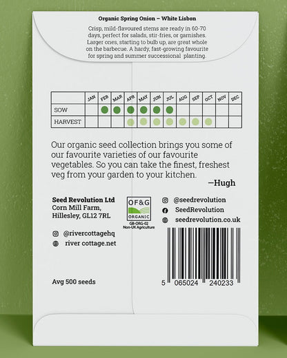 Back of River Cottage spring onion seed packet with useful information and a barcode on a green background. Showcasing Seed Revolution Spring Onion seeds, grow Spring Onion, Spring Onions, vegetable seeds, organic seeds, seed for veggies, seeds veg, veg seed uk, organic seeds, organic vegetable seeds.