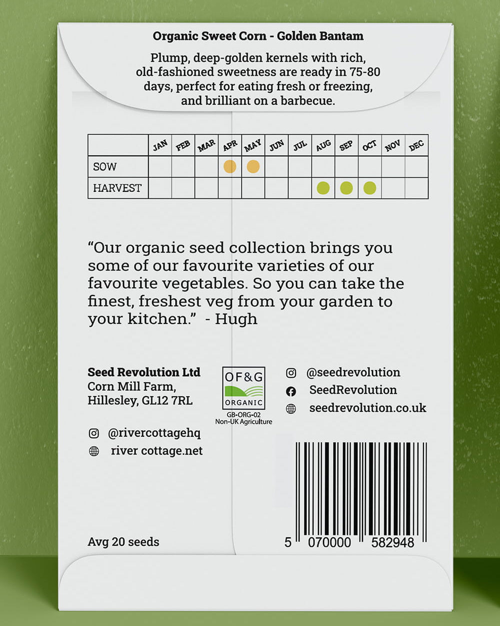 Back of River Cottage sweet corn seed packet with useful information and a barcode on a green background. Showcasing Seed Revolution sweetcorn, Sweet Corn seeds, Sweetcorn seed, Sweet Corn growing, vegetable seeds, organic seeds, seed for veggies, seeds veg, veg seed uk, organic seeds, organic vegetable seeds.