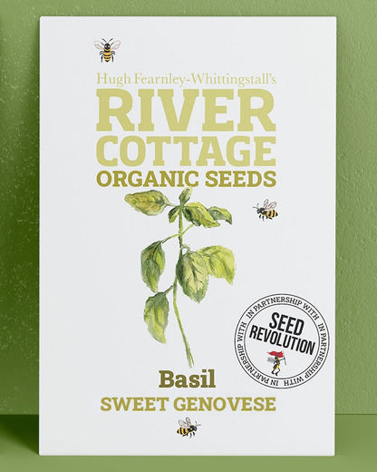 River Cottage Organic Seeds basil packet on a green background. Showcasing Seed Revolution basil seed, basil seeds, growing basil, vegetable seeds, organic seeds, seed for veggies, seeds veg, veg seed uk, organic seeds, organic vegetable seeds.