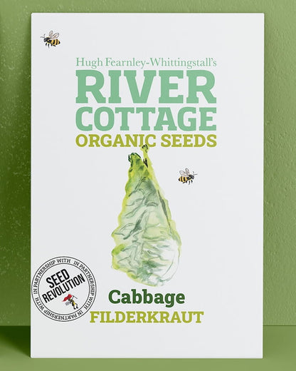 River Cottage Organic Seeds cabbage packet on a green background. Showcasing Seed Revolution cabbage seeds, cabbages, cabbage growing, vegetable seeds, organic seeds, seed for veggies, seeds veg, veg seed uk, organic seeds, organic vegetable seeds.