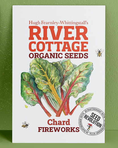 River Cottage Organic Seeds chard packet on a green background. Showcasing Seed Revolution chard seed, chard seeds, chard vegetable, vegetable seeds, organic seeds, seed for veggies, seeds veg, veg seed uk, organic seeds, organic vegetable seeds