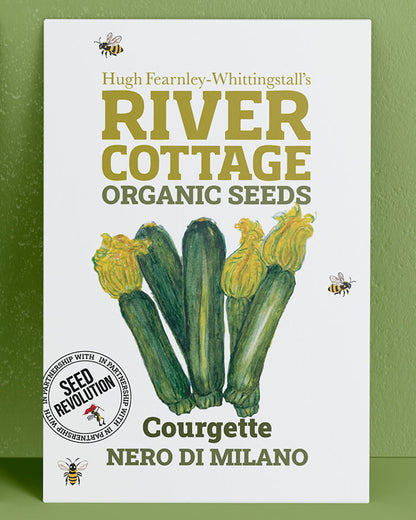 River Cottage Organic Seeds Courgette packet on a green background. Showcasing Seed Revolution courgette seeds, courgette seeds, seeds courgette, courgette growing, courgettes seed, vegetable seeds, organic seeds, seed for veggies, seeds veg, veg seed uk, organic seeds, organic vegetable seeds.