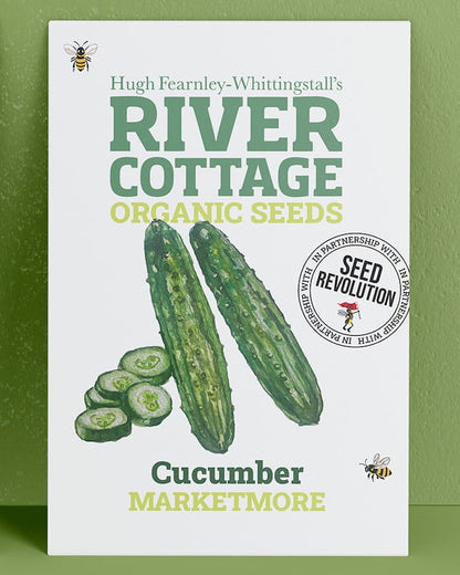 River Cottage Organic Seeds cucumber packet on a green background. Showcasing Seed Revolution Cucumber seed, cucumber seeds, cucumber growing, growing cucumber, cucumber marketmore, marketmore cucumber, vegetable seeds, organic seeds, seed for veggies, seeds veg, veg seed uk, organic seeds, organic vegetable seeds.