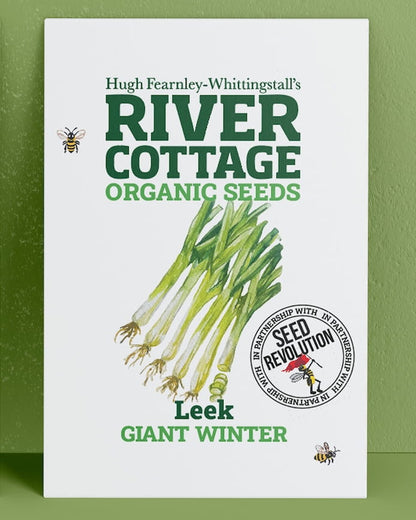 River Cottage Organic Seeds leek packet on a green background. Showcasing Seed Revolution leek seed, leek seeds, leek vegetable, vegetable seeds, organic seeds, seed for veggies, seeds veg, veg seed uk, organic seeds, organic vegetable seeds