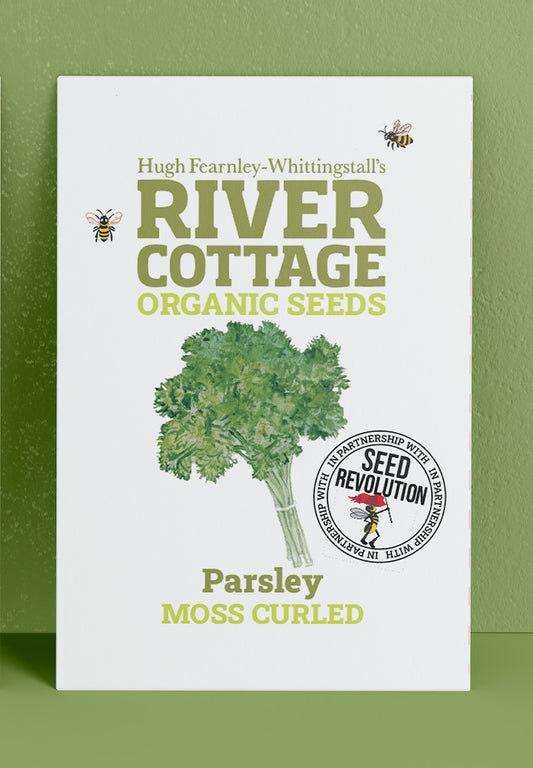 River Cottage Organic Seeds parsley packet on a green background. Showcasing Seed Revolution Parsley seed, Parsley seeds, Parsley herb, vegetable seeds, organic seeds, seed for veggies, seeds veg, veg seed uk, organic seeds, organic vegetable seeds.