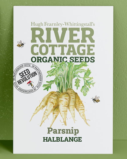 River Cottage Organic Seeds parsnips packet on a green background. Showcasing Seed Revolution parsnip seeds, growing parsnips, parsnip vegetable, vegetable seeds, organic seeds, seed for veggies, seeds veg, veg seed uk, organic seeds, organic vegetable seeds.