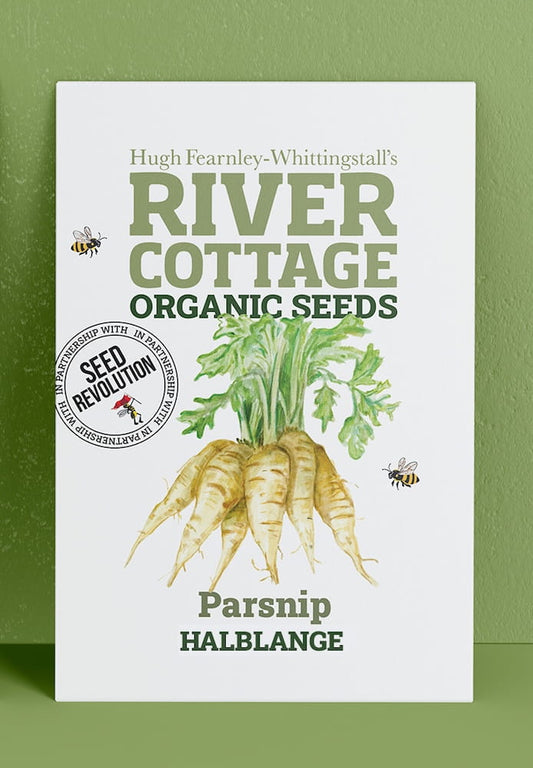 River Cottage Organic Seeds parsnips packet on a green background. Showcasing Seed Revolution parsnip seeds, growing parsnips, parsnip vegetable, vegetable seeds, organic seeds, seed for veggies, seeds veg, veg seed uk, organic seeds, organic vegetable seeds.