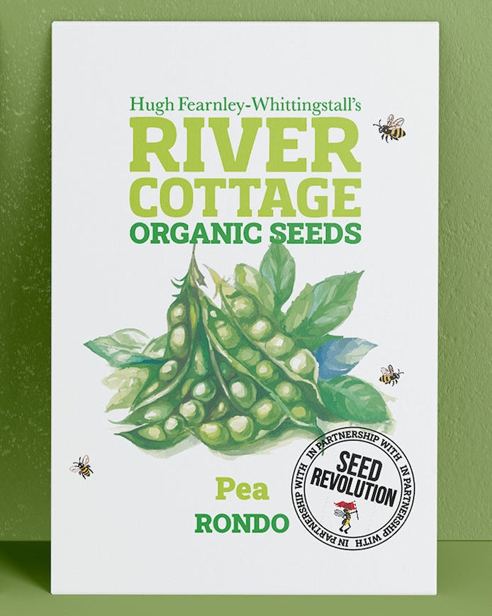 River Cottage Organic Seeds pea packet on a green background. Showcasing Seed Revolution pea seed, pea seeds, growing peas, vegetable seeds, organic seeds, seed for veggies, seeds veg, veg seed uk, organic seeds, organic vegetable seeds.