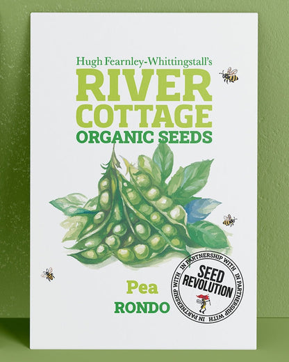 River Cottage Organic Seeds pea packet on a green background. Showcasing Seed Revolution pea seed, pea seeds, growing peas, vegetable seeds, organic seeds, seed for veggies, seeds veg, veg seed uk, organic seeds, organic vegetable seeds.