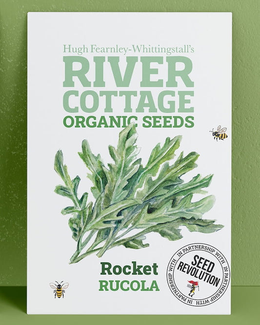 River Cottage Organic Seeds rocket packet on a green background. Showcasing Seed Revolution rocket seeds, rocket gardening, rocket vegetable, vegetable seeds, organic seeds, seed for veggies, seeds veg, veg seed uk, organic seeds, organic vegetable seeds.