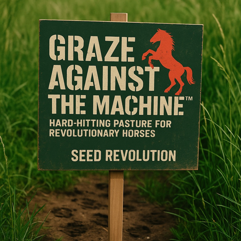 Poster for 'Graze Against the Machine' seed product with a horse illustration in a grassy field. Showcasing Seed Revolution's Horse Paddock Grass Seed Mix, paddock grass seed, grass seed for horses, grass seed for paddock, horse grass seed, equine grass seed, grass seed, seeds for grass, grass seed horse, grass seed for paddocks horses
