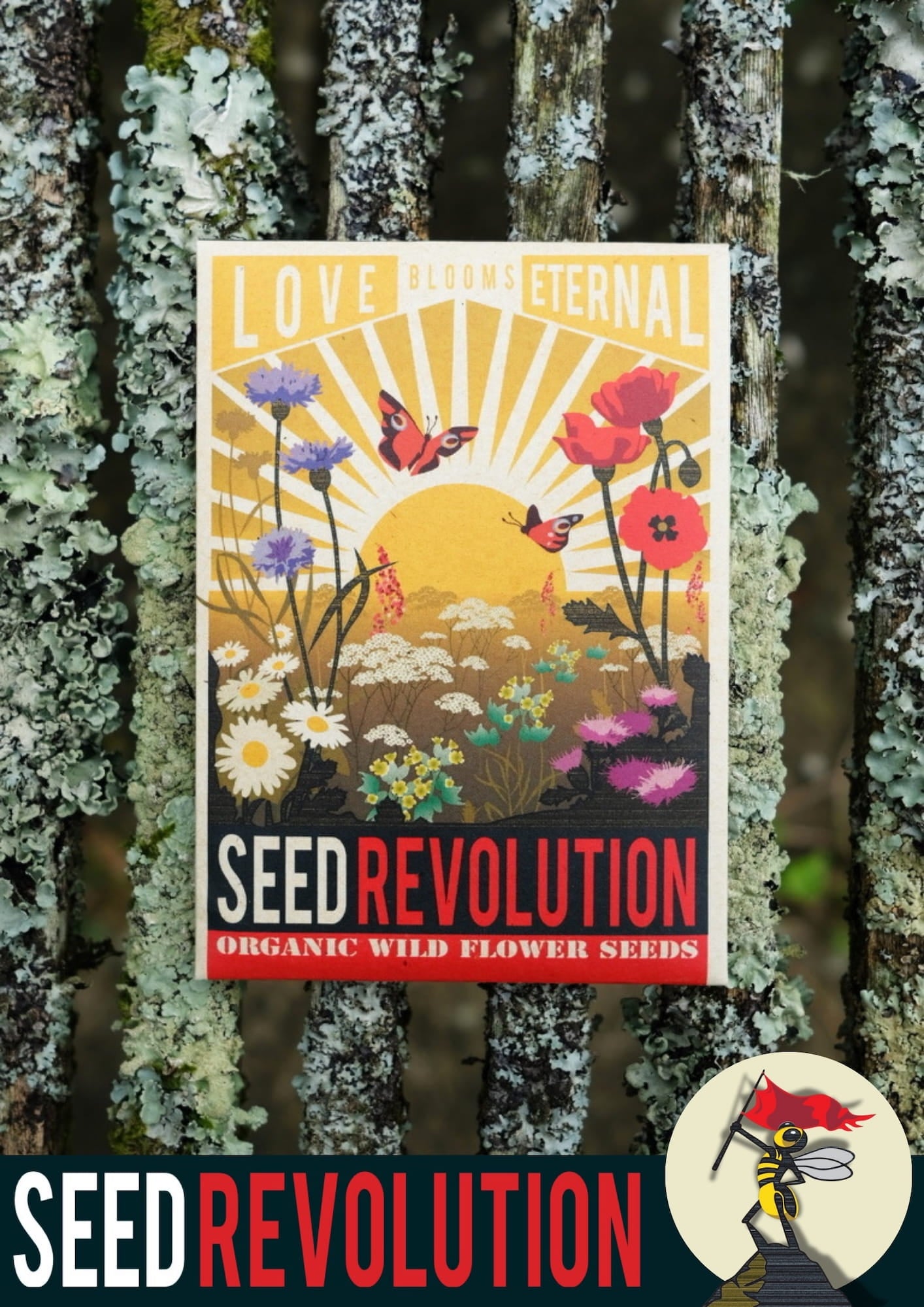 Seed Revolution's organic Love Blooms Eternal wildflower seeds packet showcasing Native Plant Pot Wildflower Seed Mix, which is british wild flower seeds, british wildflower seeds, wildflower mixes, mixed wildflower seeds, uk wildflower seeds, wildflower meadows, wildflower meadow, universal wildflowers, wildflowers for pots, cost-effective wildflower meadow.