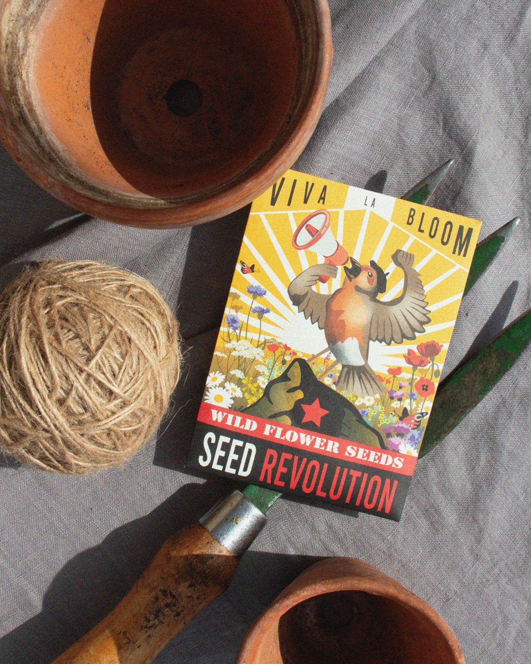 Wildflower seed packet for a beginner's meadow wildflower mix with gardening tools on a grey surface. Showcasing Seed Revolution's Native Beginner's Meadow Wildflower Seed Mix, british wild flower seeds, british wildflower seeds, wildflower mixes, mixed wildflower seeds, uk wildflower seeds, wildflower meadows, wildflower meadow, universal wildflowers, beginner meadow, cost-effective wildflower meadow.