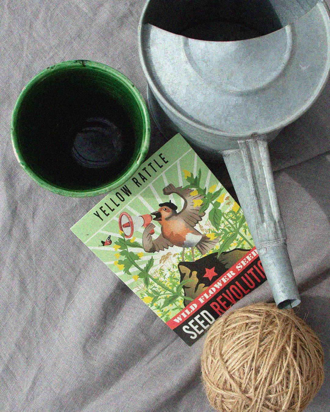 A packet of yellow rattle wildflower seeds with gardening tools against a soft grey background. Showcasing Seed Revolution's british wild flower seeds, british wildflower seeds, uk wildflower seeds, growing wildflowers, planting wildflower seeds, yellow rattle, Rhinanthus minor.